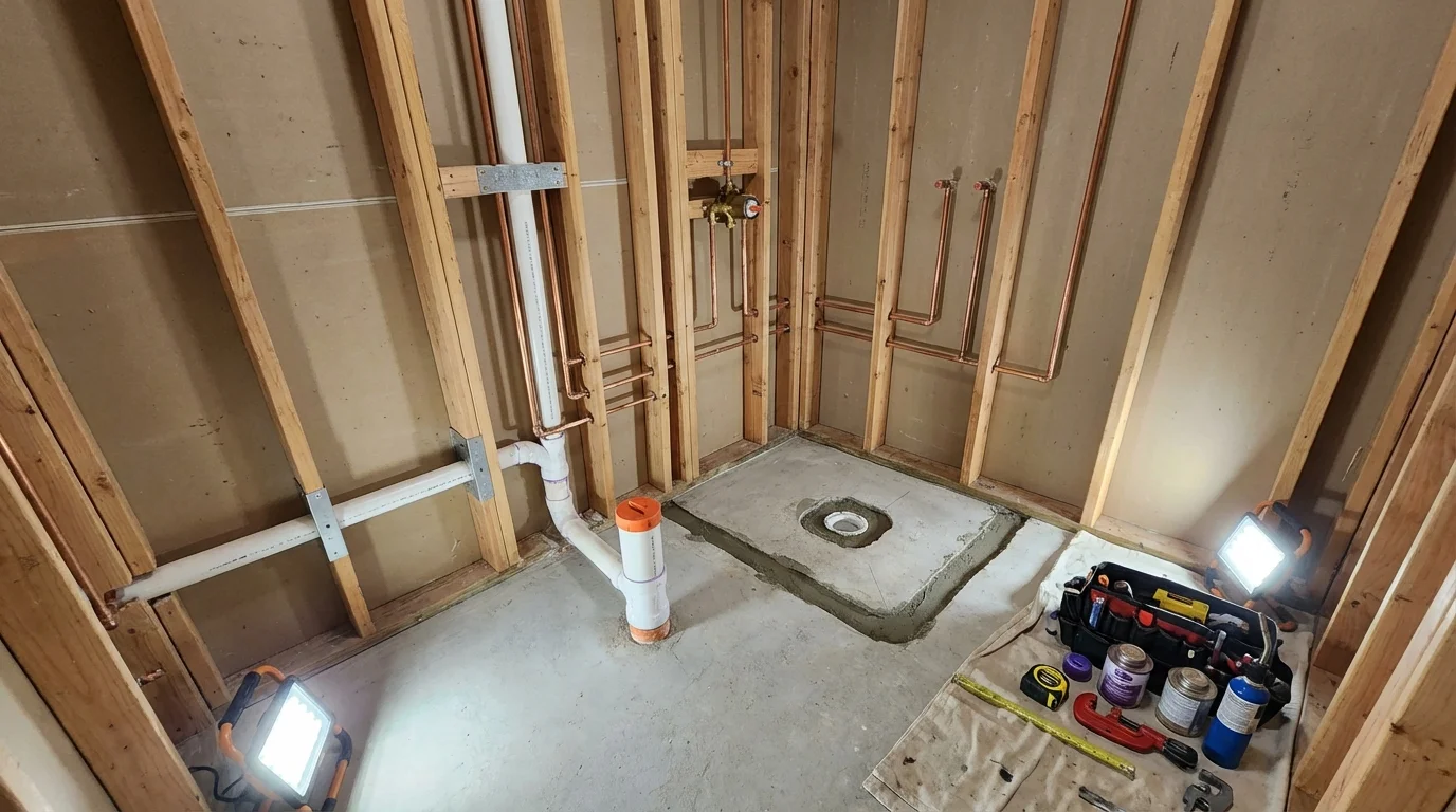 Bathroom rough-in plumbing during remodel by Johns Plumbing LLC in Fairport