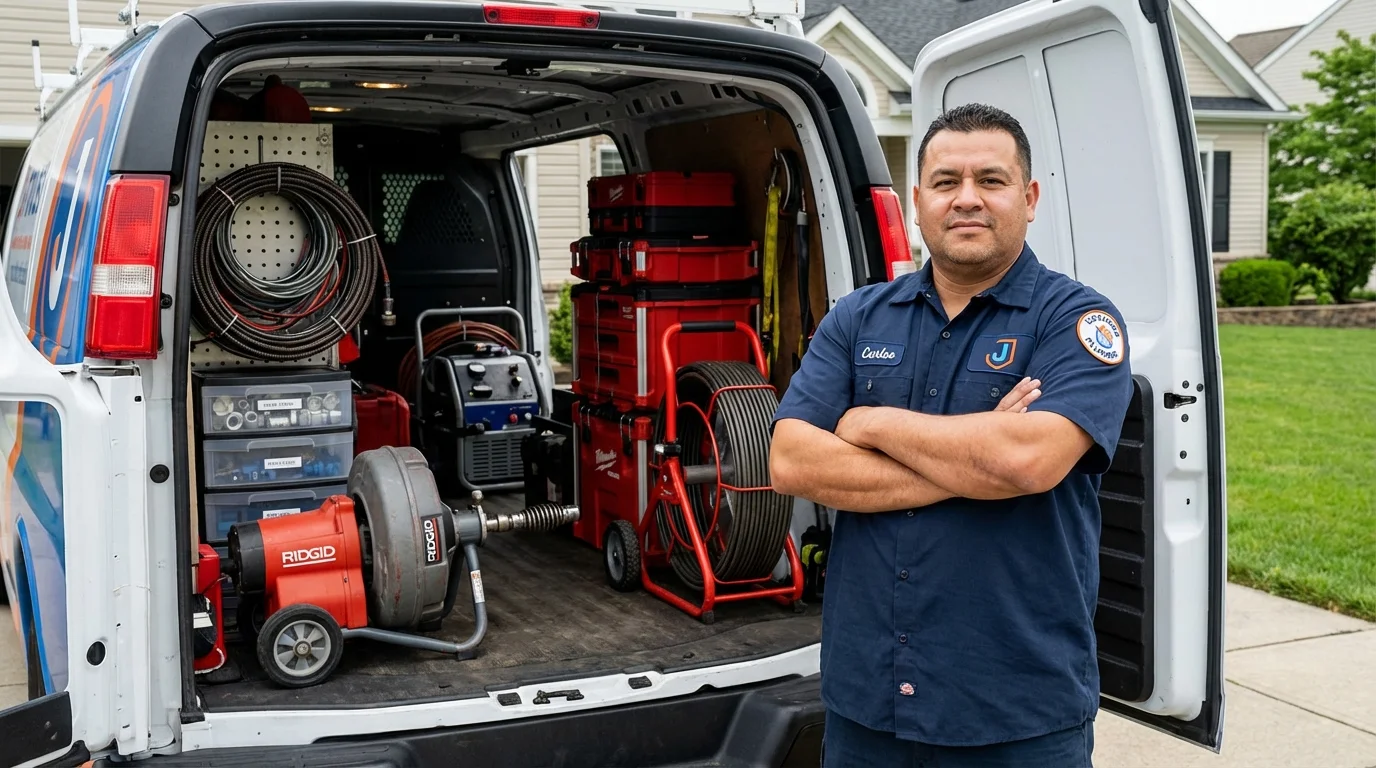 Professional drain cleaning equipment and Johns Plumbing LLC plumber in Fairport