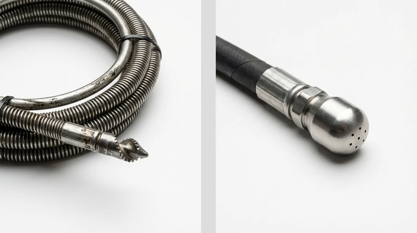 Drain snake cable and hydro jetting nozzle used for drain cleaning in Fairport, NY