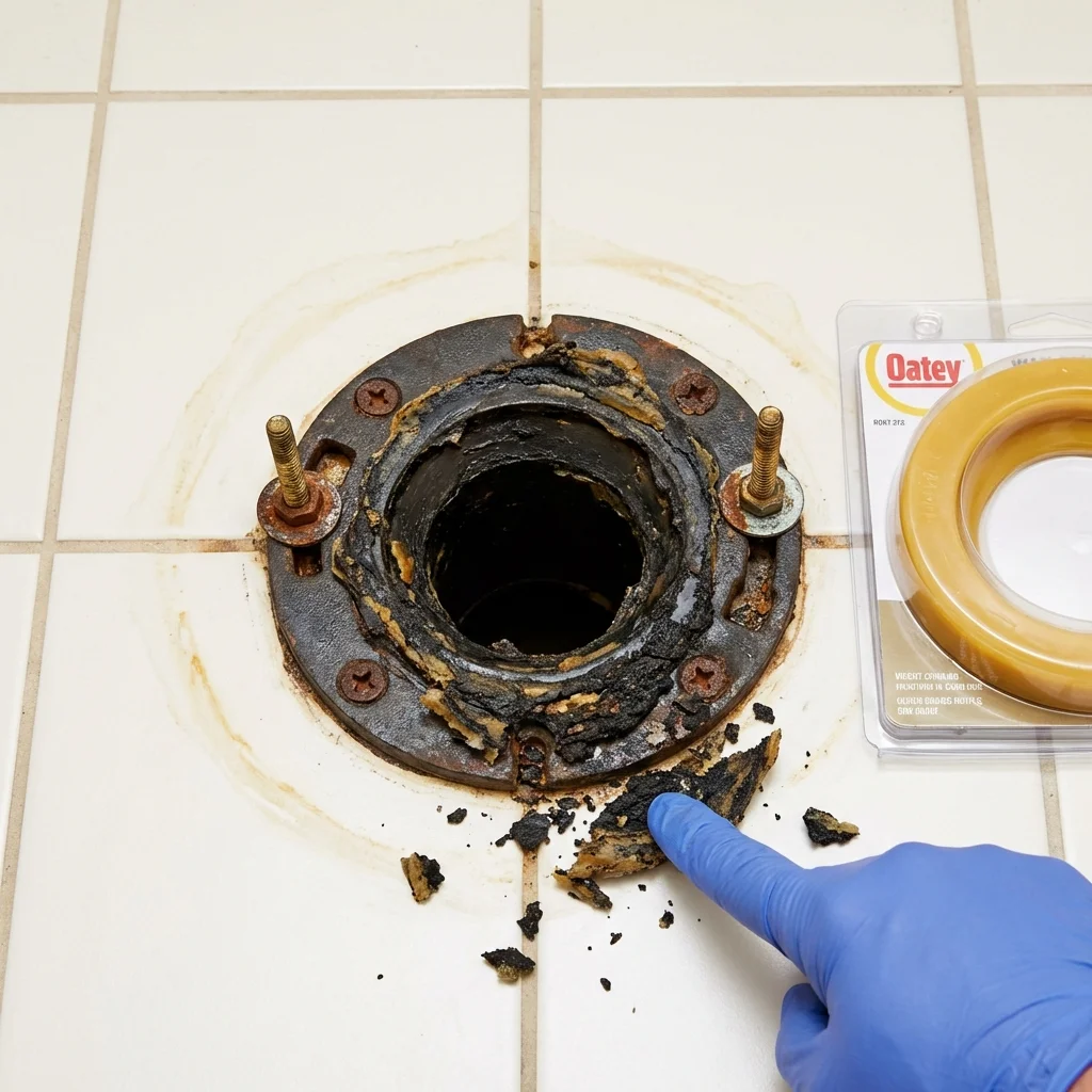 Failed wax ring showing water seepage at the base of a toilet in a Fairport, NY home